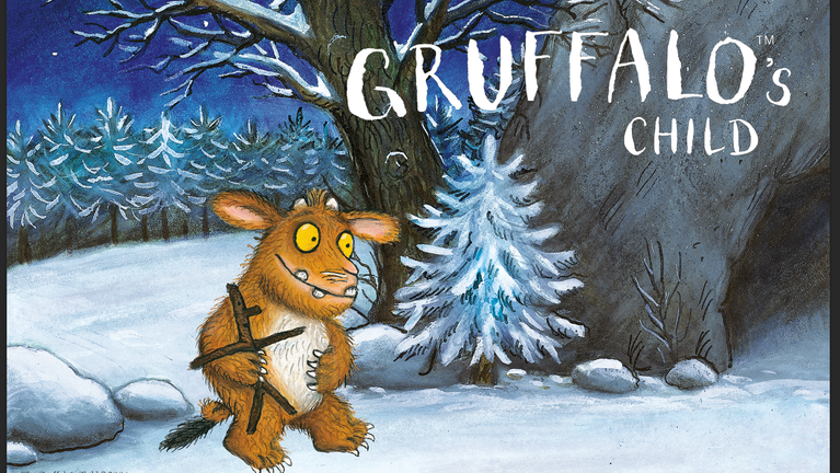 Illustration of Julia Donalsons The Gruffalo's Child. Wintry snowy forest scene with Gruffalos child carrying a stick man.